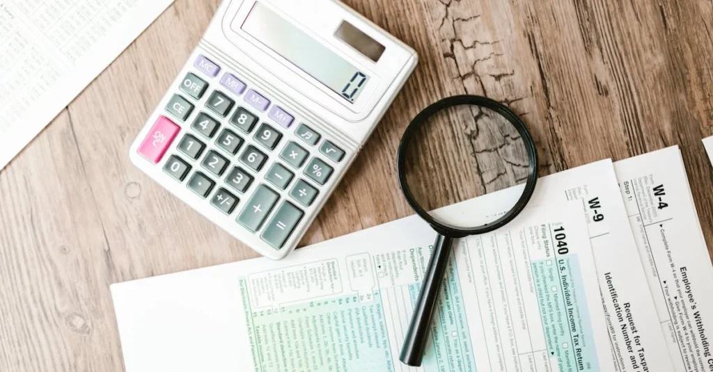 White calculator and magnifying glass on wooden desk with tax forms.
