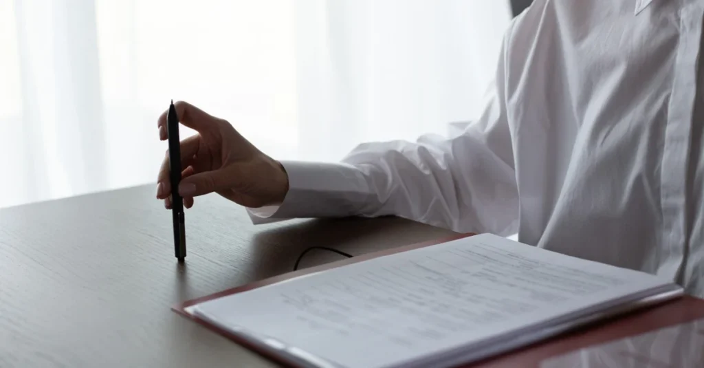 Business owner signing contract document while buying existing business at desk with pen.
