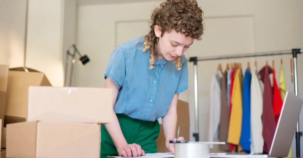 Woman packing inventory boxes while reviewing paperwork for buying existing business setup.