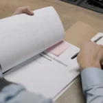 Person reviewing business sale documents and contract terms at desk with printer.