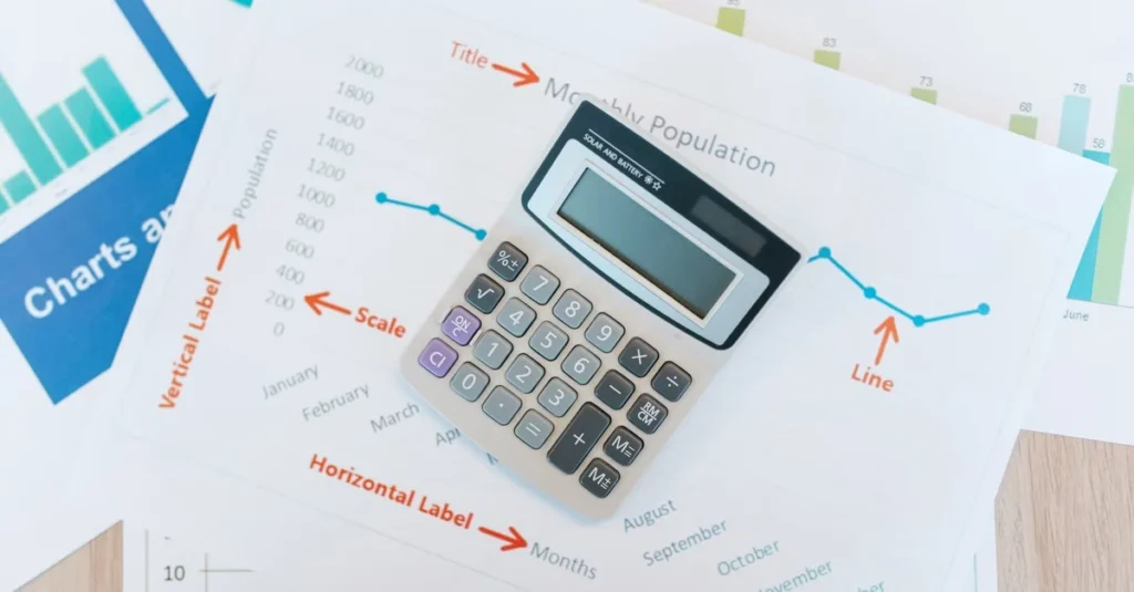 Calculator on business valuation charts with graph analytics, demonstrating buying business Toronto metrics and financial.